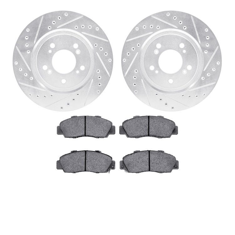 7602-58004 Drilled/Slotted Brake Rotors w/5000 Euro Ceramic Brake Pads Kit [Silver], 1997-2005 Acura/Honda, Position: Front