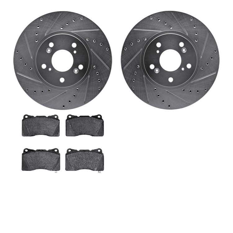 7602-58005 Drilled/Slotted Brake Rotors w/5000 Euro Ceramic Brake Pads Kit [Silver], 2004-2008 Acura/Honda, Position: Front