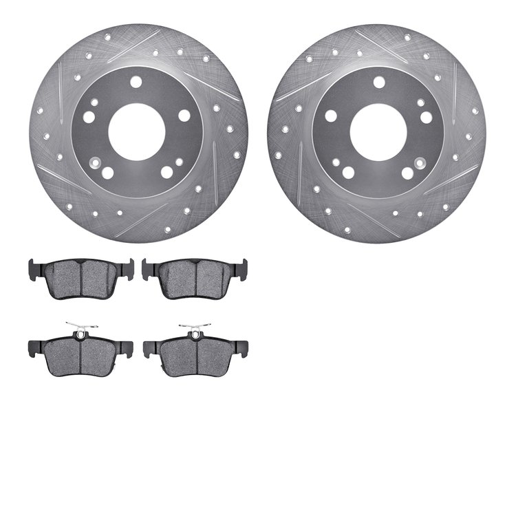 7602-59006 Drilled/Slotted Brake Rotors w/5000 Euro Ceramic Brake Pads Kit [Silver], Fits Select Acura/Honda, Position: Rear