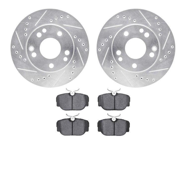 7602-63013 Drilled/Slotted Brake Rotors w/5000 Euro Ceramic Brake Pads Kit [Silver], 1987-1993 Mercedes-Benz, Position: Front