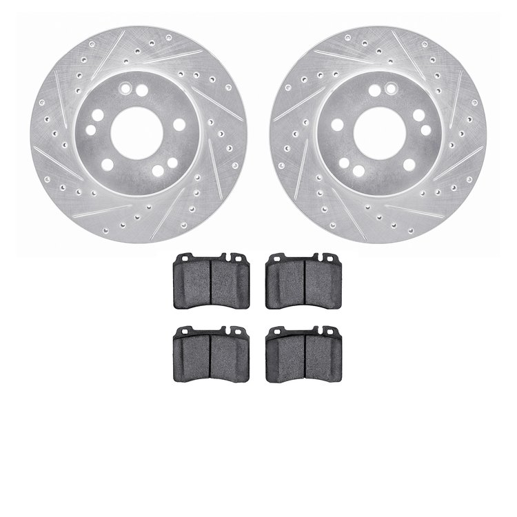 7602-63024 Drilled/Slotted Brake Rotors w/5000 Euro Ceramic Brake Pads Kit [Silver], 1990-1995 Mercedes-Benz, Position: Front