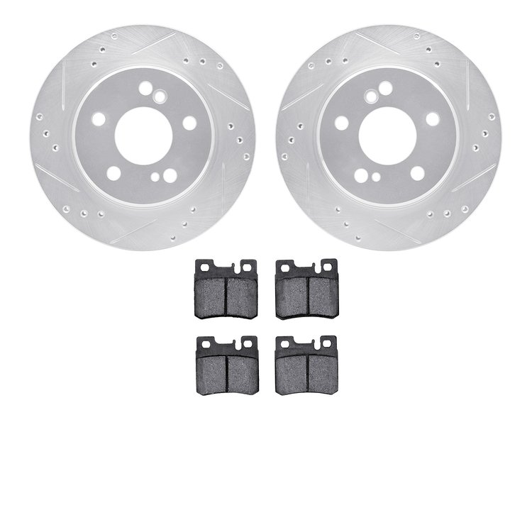 7602-63028 Drilled/Slotted Brake Rotors w/5000 Euro Ceramic Brake Pads Kit [Silver], 1992-1995 Mercedes-Benz, Position: Rear