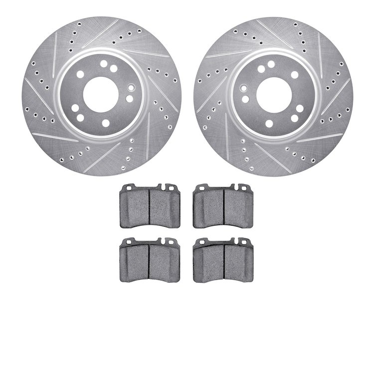 7602-63032 Drilled/Slotted Brake Rotors w/5000 Euro Ceramic Brake Pads Kit [Silver], 1994-2002 Mercedes-Benz, Position: Front