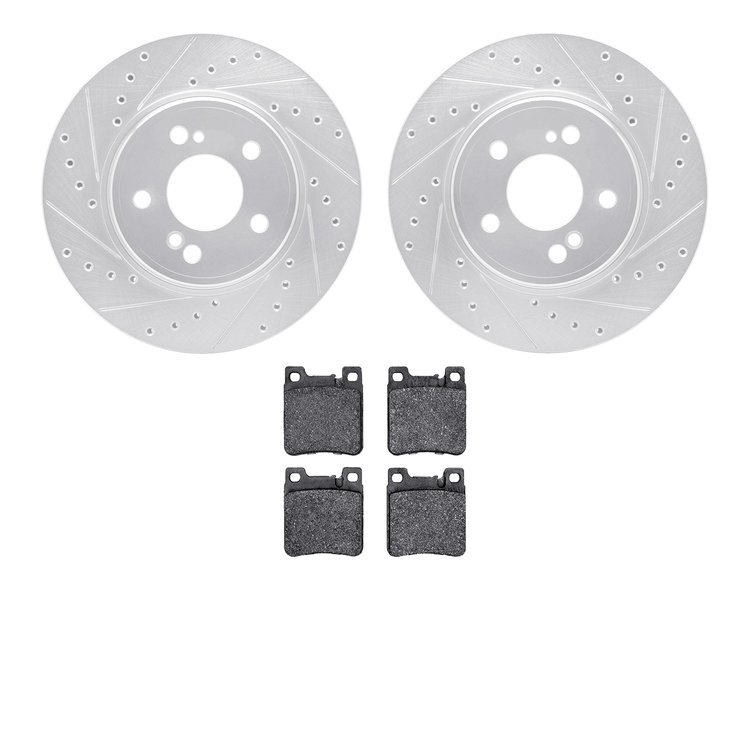 7602-63033 Drilled/Slotted Brake Rotors w/5000 Euro Ceramic Brake Pads Kit [Silver], 1993-2002 Mercedes-Benz, Position: Rear