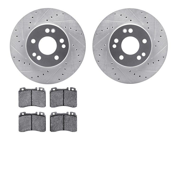 7602-63034 Drilled/Slotted Brake Rotors w/5000 Euro Ceramic Brake Pads Kit [Silver], 1990-1995 Mercedes-Benz, Position: Front