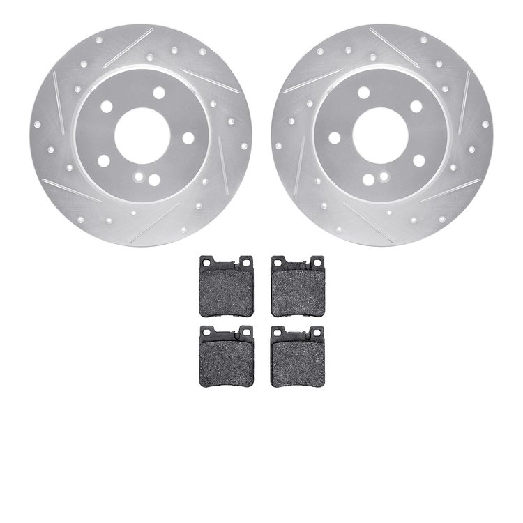 7602-63035 Drilled/Slotted Brake Rotors w/5000 Euro Ceramic Brake Pads Kit [Silver], 1994-2000 Mercedes-Benz, Position: Rear