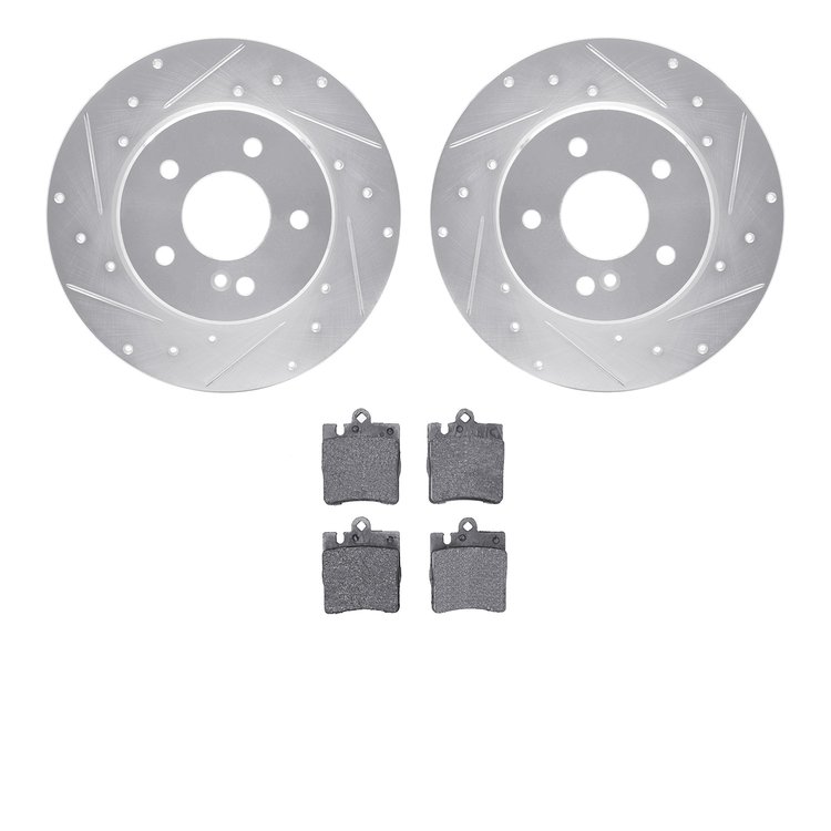 7602-63036 Drilled/Slotted Brake Rotors w/5000 Euro Ceramic Brake Pads Kit [Silver], 1996-2011 Mercedes-Benz, Position: Rear