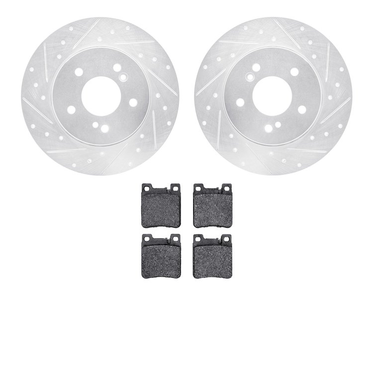 7602-63037 Drilled/Slotted Brake Rotors w/5000 Euro Ceramic Brake Pads Kit [Silver], 1996-1998 Mercedes-Benz, Position: Rear