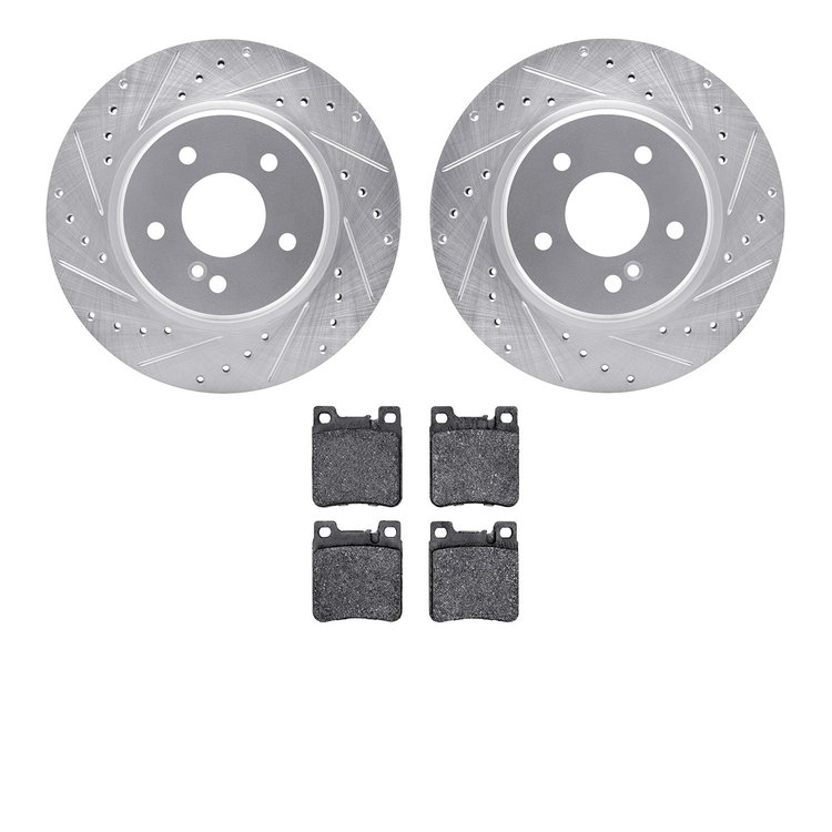7602-63041 Drilled/Slotted Brake Rotors w/5000 Euro Ceramic Brake Pads Kit [Silver], 1998-2009 Multiple Makes/Models, Position: 
