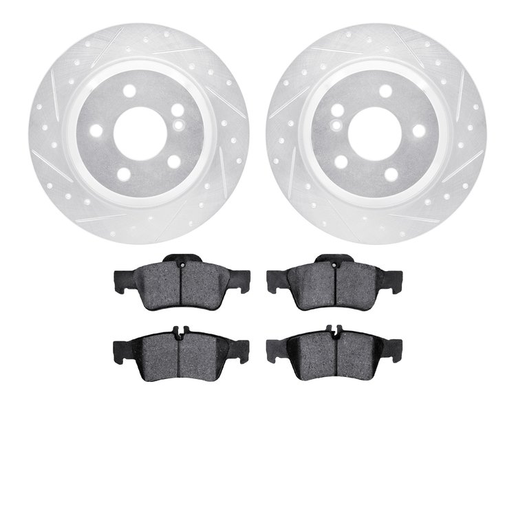 7602-63049 Drilled/Slotted Brake Rotors w/5000 Euro Ceramic Brake Pads Kit [Silver], 2003-2006 Mercedes-Benz, Position: Rear