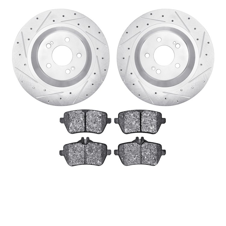 7602-63058 Drilled/Slotted Brake Rotors w/5000 Euro Ceramic Brake Pads Kit [Silver], 2014-2021 Mercedes-Benz, Position: Rear