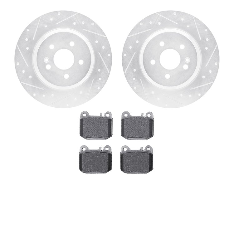 7602-63066 Drilled/Slotted Brake Rotors w/5000 Euro Ceramic Brake Pads Kit [Silver], 2000-2005 Mercedes-Benz, Position: Rear