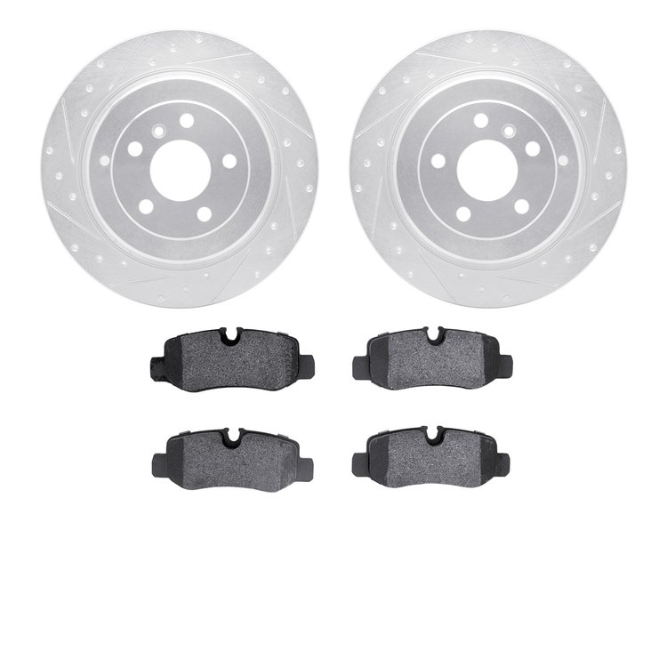 7602-63068 Drilled/Slotted Brake Rotors w/5000 Euro Ceramic Brake Pads Kit [Silver], 2006-2012 Mercedes-Benz, Position: Rear