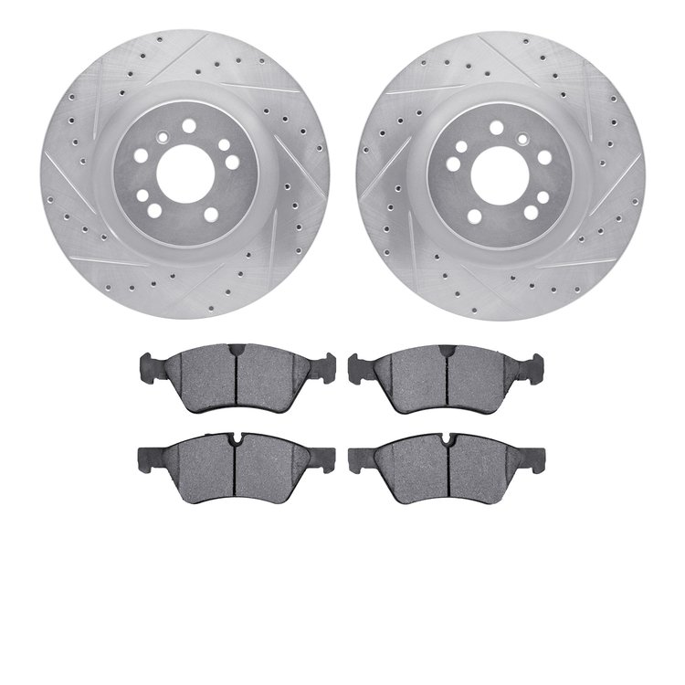 7602-63069 Drilled/Slotted Brake Rotors w/5000 Euro Ceramic Brake Pads Kit [Silver], 2006-2012 Mercedes-Benz, Position: Front