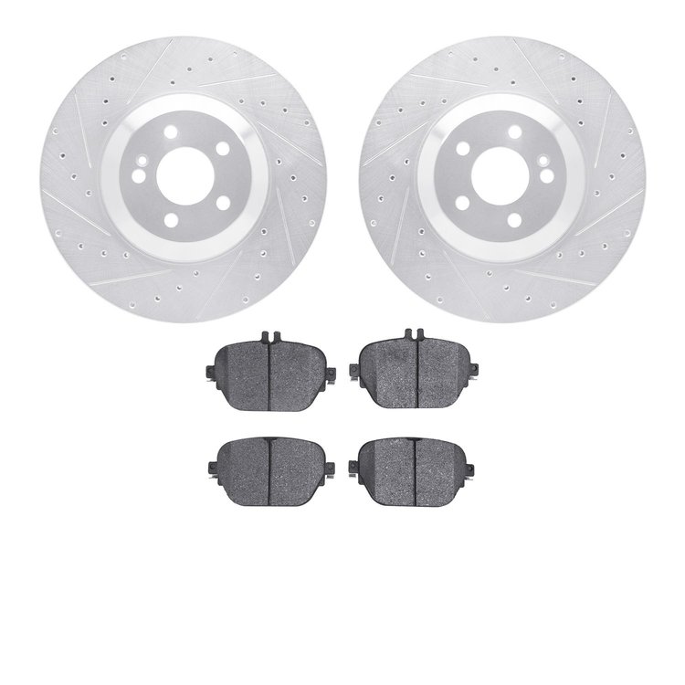 7602-63083 Drilled/Slotted Brake Rotors w/5000 Euro Ceramic Brake Pads Kit [Silver], 2017-2018 Mercedes-Benz, Position: Rear