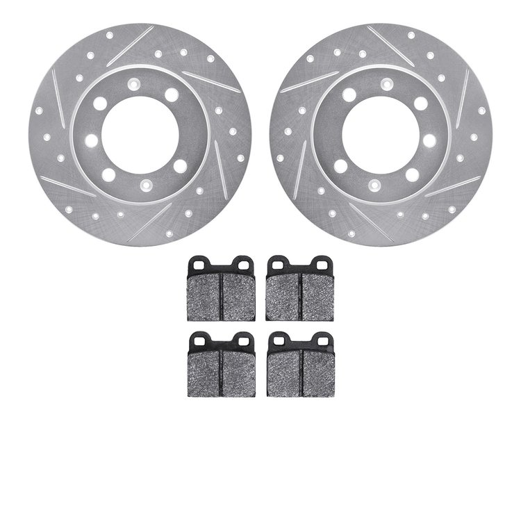 7602-65000 Drilled/Slotted Brake Rotors w/5000 Euro Ceramic Brake Pads Kit [Silver], 1969-1987 GM, Position: Rear