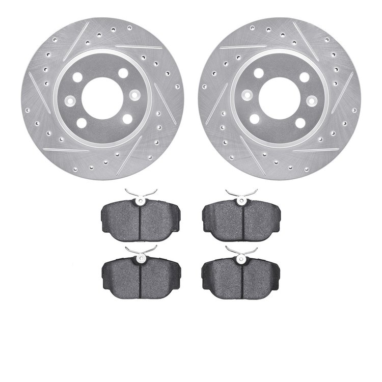 7602-65004 Drilled/Slotted Brake Rotors w/5000 Euro Ceramic Brake Pads Kit [Silver], 1987-1993 GM, Position: Front