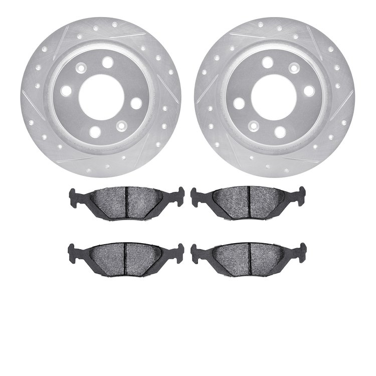 7602-65005 Drilled/Slotted Brake Rotors w/5000 Euro Ceramic Brake Pads Kit [Silver], 1986-1998 GM, Position: Rear