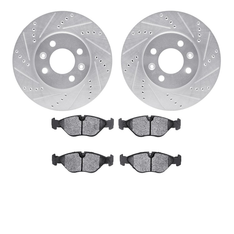 7602-65006 Drilled/Slotted Brake Rotors w/5000 Euro Ceramic Brake Pads Kit [Silver], 1988-1998 GM, Position: Front