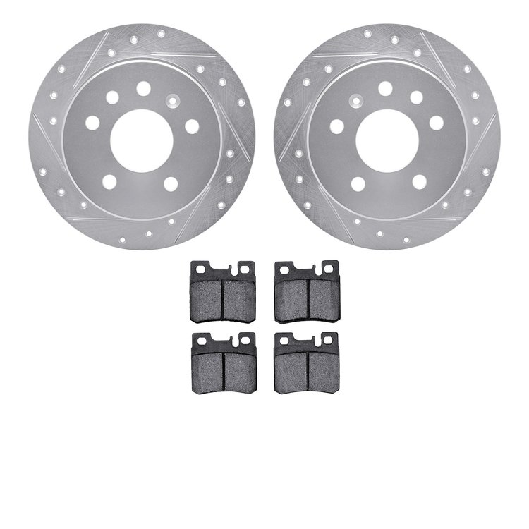 7602-65007 Drilled/Slotted Brake Rotors w/5000 Euro Ceramic Brake Pads Kit [Silver], 1994-1996 GM, Position: Rear