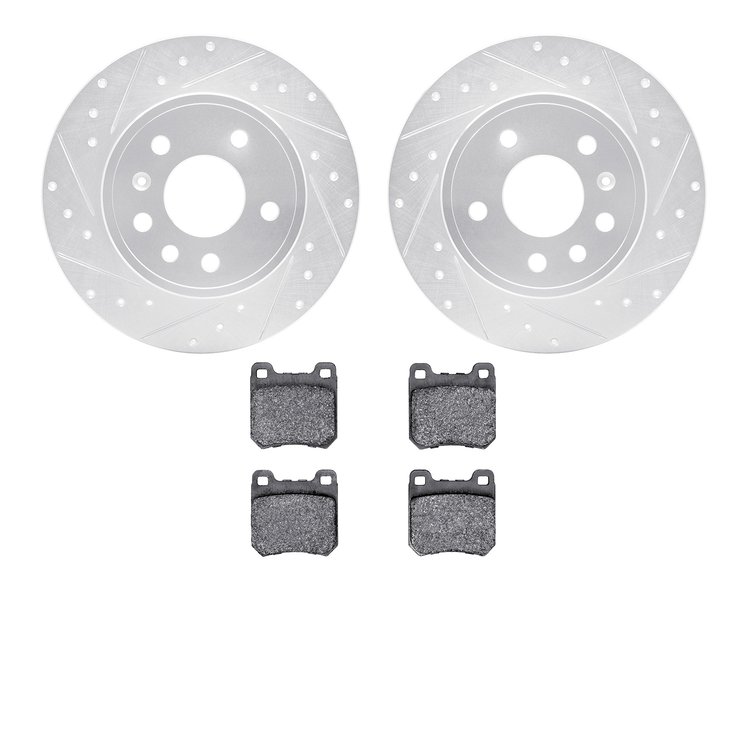 7602-65008 Drilled/Slotted Brake Rotors w/5000 Euro Ceramic Brake Pads Kit [Silver], 1997-2008 GM, Position: Rear