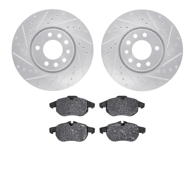 7602-65013 Drilled/Slotted Brake Rotors w/5000 Euro Ceramic Brake Pads Kit [Silver], 2003-2011 GM, Position: Front
