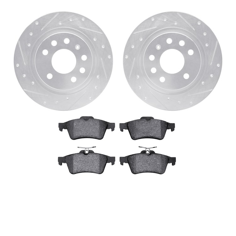 7602-65014 Drilled/Slotted Brake Rotors w/5000 Euro Ceramic Brake Pads Kit [Silver], 2003-2011 GM, Position: Rear