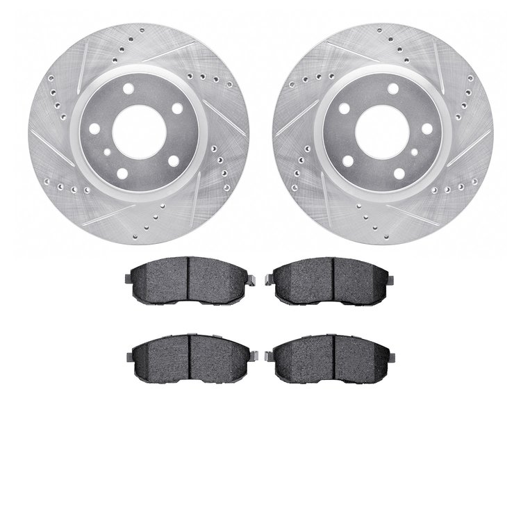 7602-68000 Drilled/Slotted Brake Rotors w/5000 Euro Ceramic Brake Pads Kit [Silver], 2003-2005 Infiniti/Nissan, Position: Front