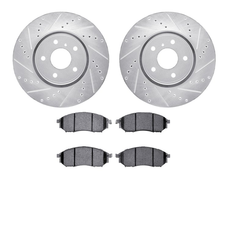 7602-68005 Drilled/Slotted Brake Rotors w/5000 Euro Ceramic Brake Pads Kit [Silver], 2005-2014 Infiniti/Nissan, Position: Front