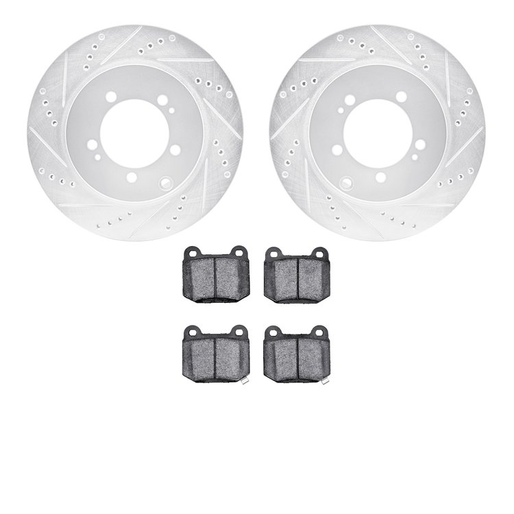 7602-72001 Drilled/Slotted Brake Rotors w/5000 Euro Ceramic Brake Pads Kit [Silver], 2003-2006 Mitsubishi, Position: Rear
