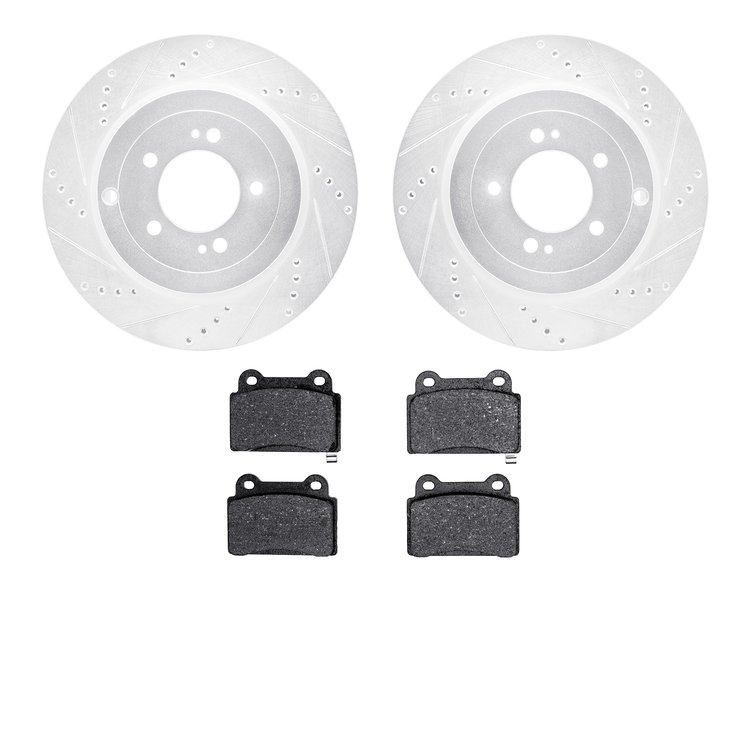 7602-72002 Drilled/Slotted Brake Rotors w/5000 Euro Ceramic Brake Pads Kit [Silver], 2008-2015 Mitsubishi, Position: Rear