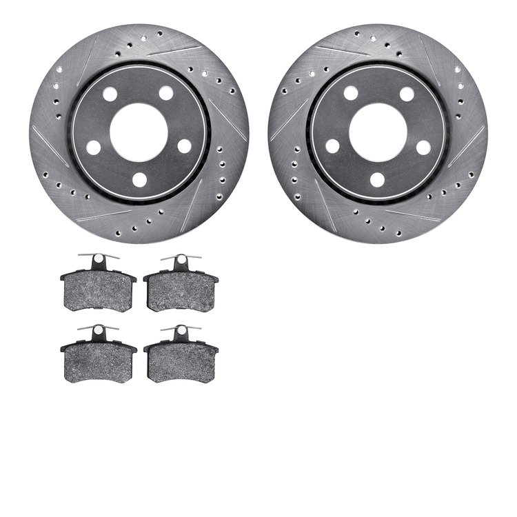 7602-73002 Drilled/Slotted Brake Rotors w/5000 Euro Ceramic Brake Pads Kit [Silver], 1986-1991 Audi/Volkswagen, Position: Rear