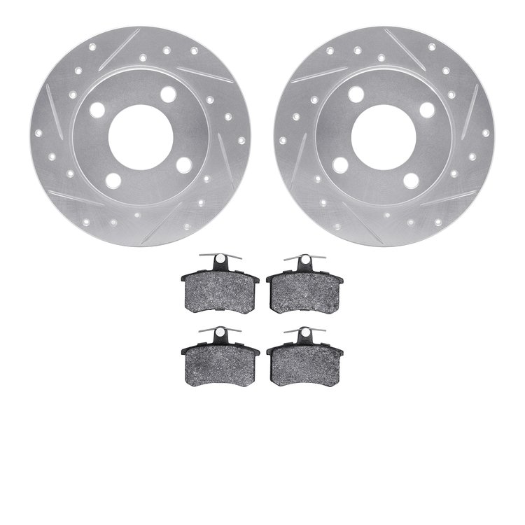 7602-73007 Drilled/Slotted Brake Rotors w/5000 Euro Ceramic Brake Pads Kit [Silver], 1984-1995 Audi/Volkswagen, Position: Rear