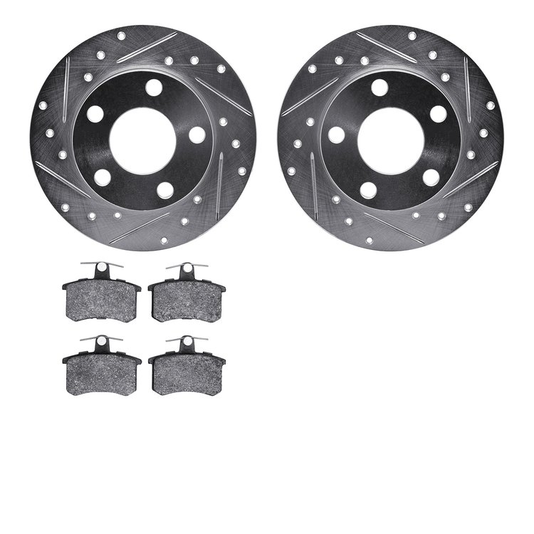 7602-73010 Drilled/Slotted Brake Rotors w/5000 Euro Ceramic Brake Pads Kit [Silver], 1986-2000 Audi/Volkswagen, Position: Rear