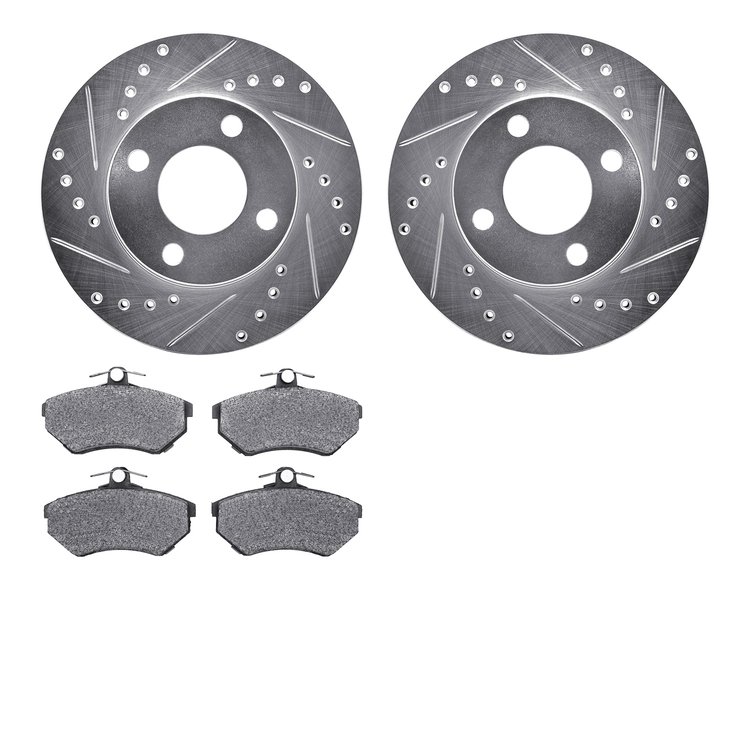 7602-73014 Drilled/Slotted Brake Rotors w/5000 Euro Ceramic Brake Pads Kit [Silver], 1990-1991 Audi/Volkswagen, Position: Front