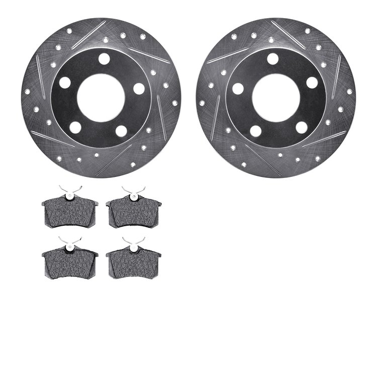 7602-73017 Drilled/Slotted Brake Rotors w/5000 Euro Ceramic Brake Pads Kit [Silver], 1998-2001 Audi/Volkswagen, Position: Rear
