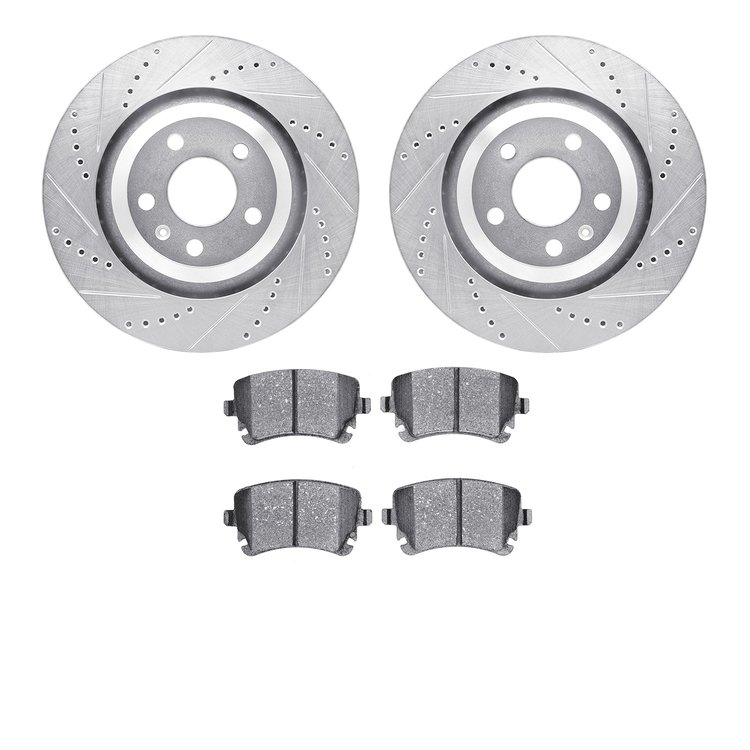 7602-73033 Drilled/Slotted Brake Rotors w/5000 Euro Ceramic Brake Pads Kit [Silver], 2005-2011 Audi/Volkswagen, Position: Rear