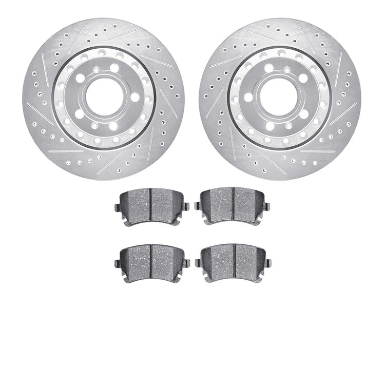 7602-73034 Drilled/Slotted Brake Rotors w/5000 Euro Ceramic Brake Pads Kit [Silver], 2004-2010 Audi/Volkswagen, Position: Rear