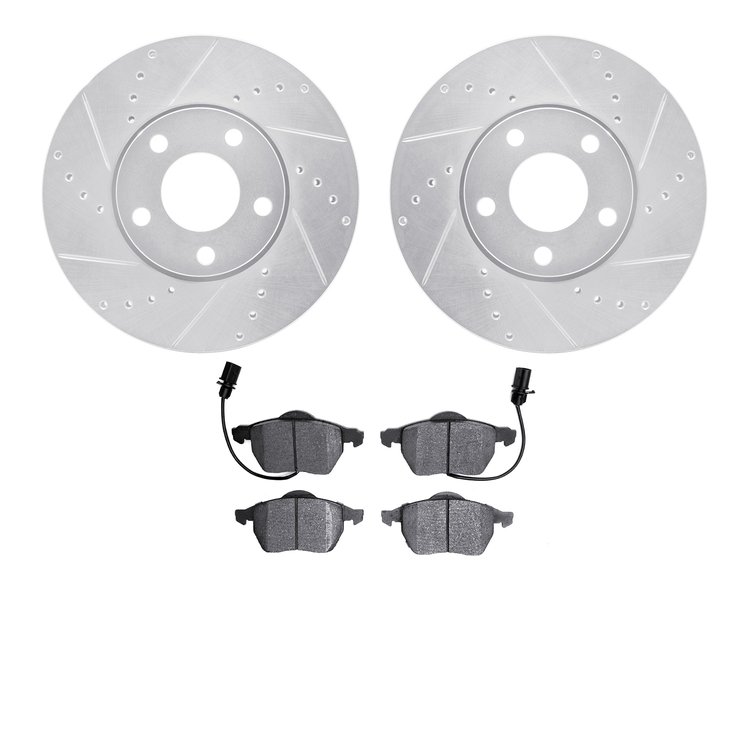 7602-73035 Drilled/Slotted Brake Rotors w/5000 Euro Ceramic Brake Pads Kit [Silver], 1998-2008 Audi/Volkswagen, Position: Front