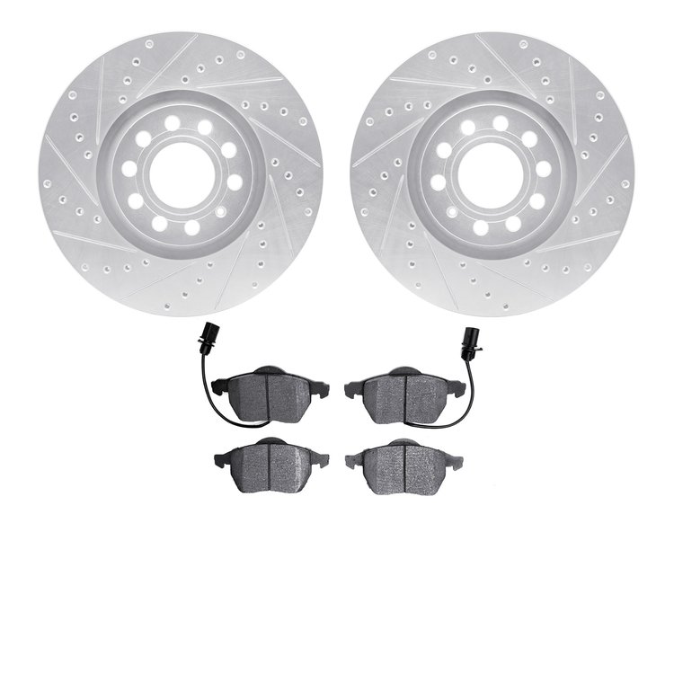 7602-73038 Drilled/Slotted Brake Rotors w/5000 Euro Ceramic Brake Pads Kit [Silver], 1999-2006 Audi/Volkswagen, Position: Front