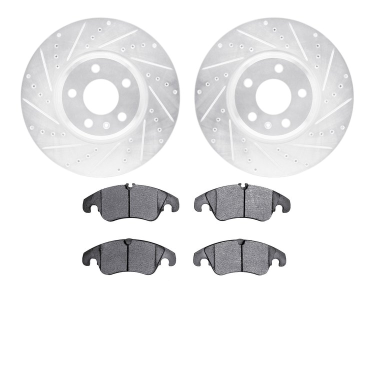 7602-73046 Drilled/Slotted Brake Rotors w/5000 Euro Ceramic Brake Pads Kit [Silver], 2008-2011 Audi/Volkswagen, Position: Front