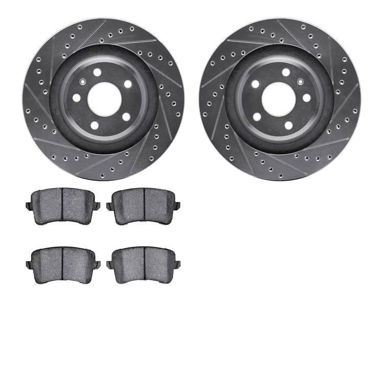 7602-73054 Drilled/Slotted Brake Rotors w/5000 Euro Ceramic Brake Pads Kit [Silver], 2008-2017 Audi/Volkswagen, Position: Rear