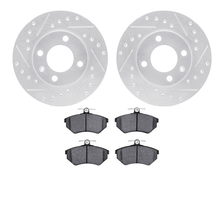 7602-74004 Drilled/Slotted Brake Rotors w/5000 Euro Ceramic Brake Pads Kit [Silver], 1988-1988 Audi/Volkswagen, Position: Front