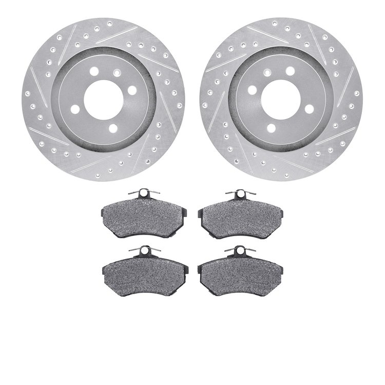 7602-74009 Drilled/Slotted Brake Rotors w/5000 Euro Ceramic Brake Pads Kit [Silver], 1990-1993 Audi/Volkswagen, Position: Front