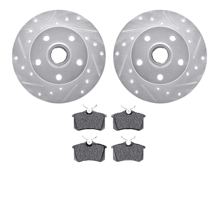 7602-74011 Drilled/Slotted Brake Rotors w/5000 Euro Ceramic Brake Pads Kit [Silver], 1992-1998 Audi/Volkswagen, Position: Rear