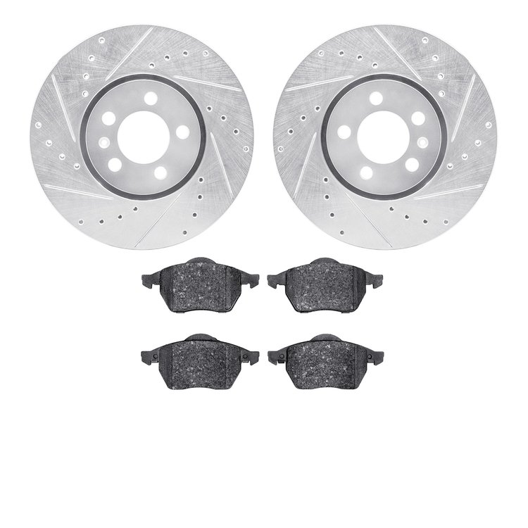 7602-74018 Drilled/Slotted Brake Rotors w/5000 Euro Ceramic Brake Pads Kit [Silver], 1996-1998 Audi/Volkswagen, Position: Front