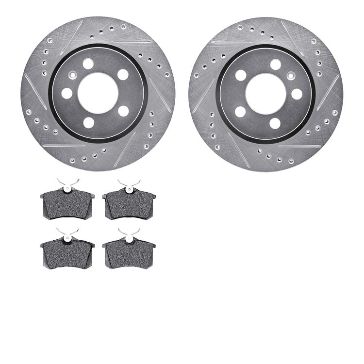 7602-74027 Drilled/Slotted Brake Rotors w/5000 Euro Ceramic Brake Pads Kit [Silver], 2000-2006 Audi/Volkswagen, Position: Rear