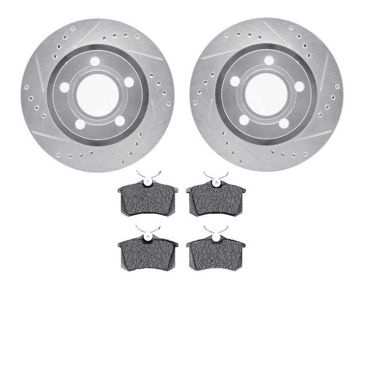 7602-74028 Drilled/Slotted Brake Rotors w/5000 Euro Ceramic Brake Pads Kit [Silver], 1999-2005 Audi/Volkswagen, Position: Rear