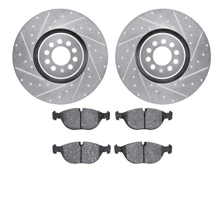 7602-74030 Drilled/Slotted Brake Rotors w/5000 Euro Ceramic Brake Pads Kit [Silver], 2004-2006 Audi/Volkswagen, Position: Front