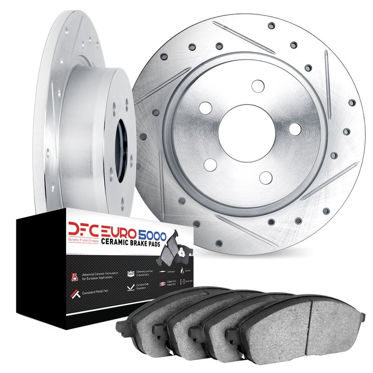 7602-92009 Drilled/Slotted Brake Rotors w/5000 Euro Ceramic Brake Pads Kit [Silver], 2012-2018 BMW, Position: Rear